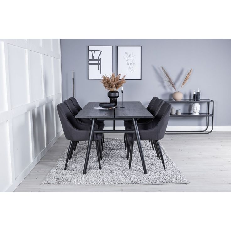 Ruokailuryhmä Venture Home, Sleek-ruokapöytä + 6 mustaa Plaza-tuolia
