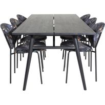 Jatkettava ruokailuryhmä Venture Home, 195/280x95cm musta Sleek + 6 mustaa Vault-tuolia, kukkakuosi