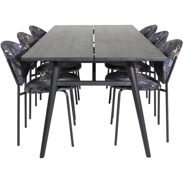 Jatkettava ruokailuryhmä Venture Home, 195/280x95cm musta Sleek + 6 mustaa Vault-tuolia, kukkakuosi