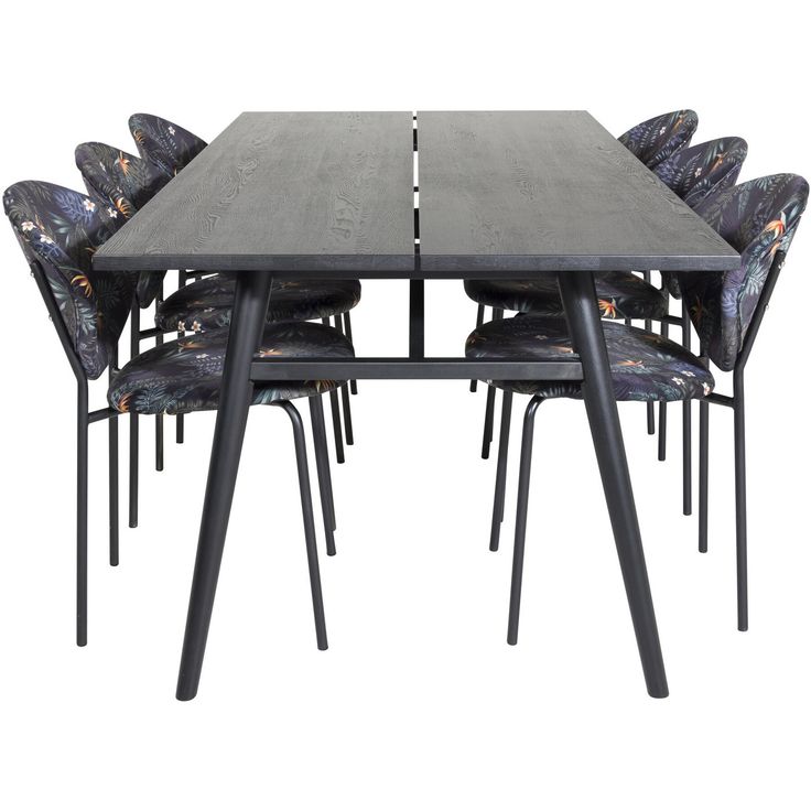 Jatkettava ruokailuryhmä Venture Home, 195/280x95cm musta Sleek + 6 mustaa Vault-tuolia, kukkakuosi