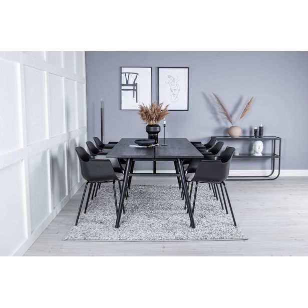 Ruokailuryhmä Venture Home, 190x95cm Sleek-ruokapöytä + 6 mustaa Comfort Plastic -tuolia