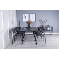Jatkettava ruokailuryhmä Venture Home, 195/280x95cm musta Sleek + 6 mustaa Arrow-tuolia, kukkakuosi, sametti