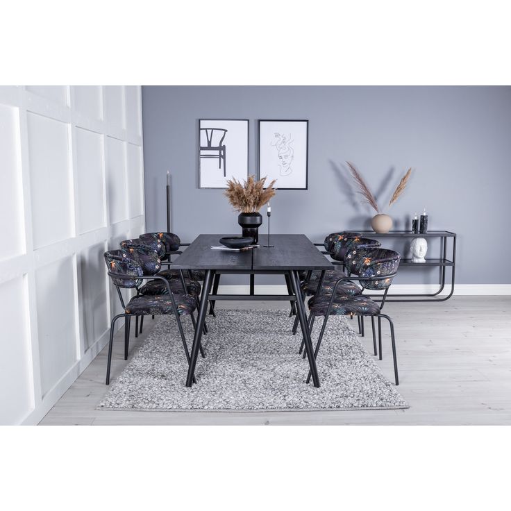 Jatkettava ruokailuryhmä Venture Home, 195/280x95cm musta Sleek + 6 mustaa Arrow-tuolia, kukkakuosi, sametti