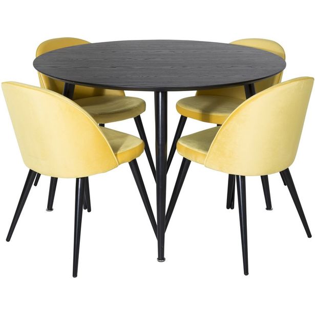 Ruokailuryhmä Venture Home, ⌀115cm musta Dipp-pöytä + 4 Velvet-tuolia, sametti