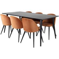Ruokailuryhmä Venture Home, 180x90cm musta Dipp-pöytä + 6 Velvet-tuolia, sametti