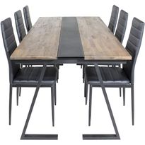 Ruokailuryhmä Venture Home, 200x90cm Jakarta-pöytä + 6 mustaa Slim High -tuolia, keinonahka