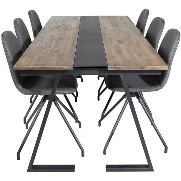 Ruokailuryhmä Venture Home, 200x90cm Jakarta-pöytä + 6 mustaa Polar-tuolia, pyörimisominaisuus, keinonahka