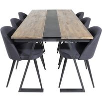Ruokailuryhmä Venture Home, 200x90cm Jakarta-pöytä + 6 mustaa Velvet-tuolia