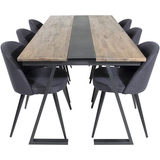 Ruokailuryhmä Venture Home, 200x90cm Jakarta-pöytä + 6 mustaa Velvet-tuolia