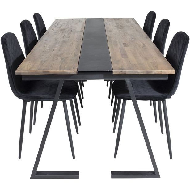 Ruokailuryhmä Venture Home, 200x90cm Jakarta-pöytä + 6 mustaa Polar Diamond -tuolia, sametti