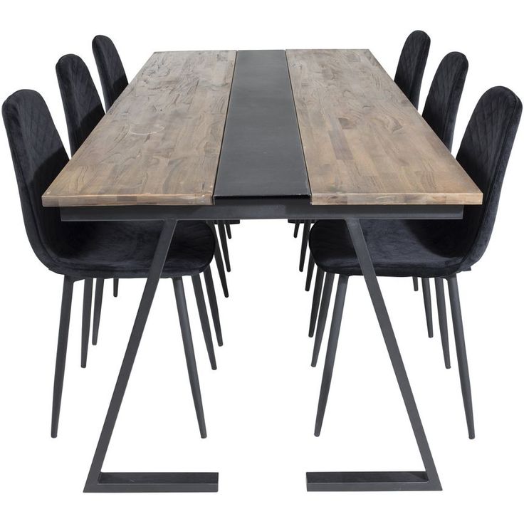 Ruokailuryhmä Venture Home, 200x90cm Jakarta-pöytä + 6 mustaa Polar Diamond -tuolia, sametti
