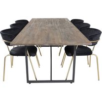 Ruokailuryhmä Venture Home, 250x100cm ruskea Padang-pöytä + 6 mustaa Arrow-tuolia, sametti