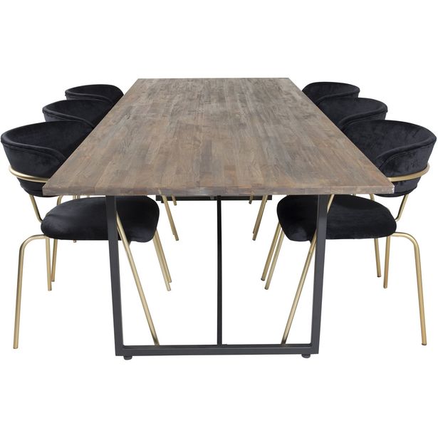 Ruokailuryhmä Venture Home, 250x100cm ruskea Padang-pöytä + 6 mustaa Arrow-tuolia, sametti