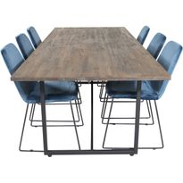 Ruokailuryhmä Venture Home, 250x100cm ruskea Padang-pöytä + 6 sinistä Muce-tuolia, sametti