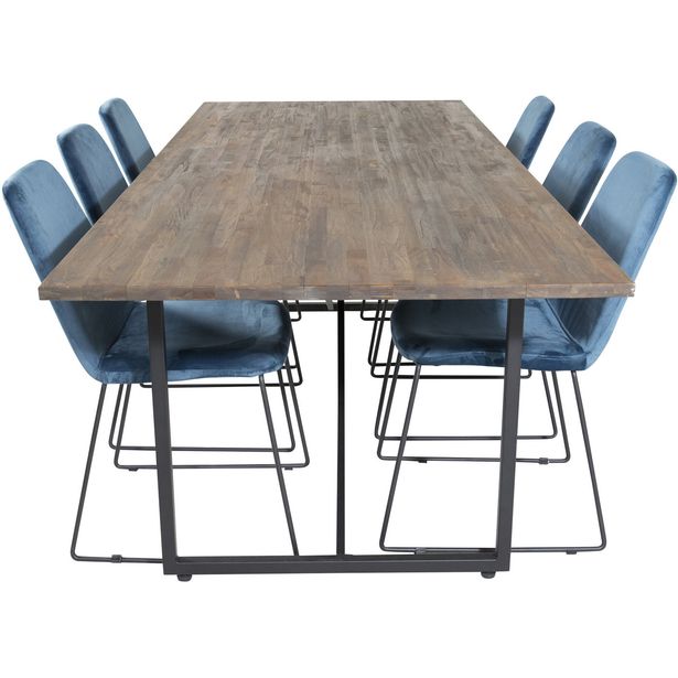 Ruokailuryhmä Venture Home, 250x100cm ruskea Padang-pöytä + 6 sinistä Muce-tuolia, sametti