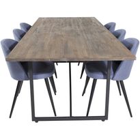 Ruokailuryhmä Venture Home, 250x100cm ruskea Padang-pöytä + 6 sinistä Velvet-tuolia