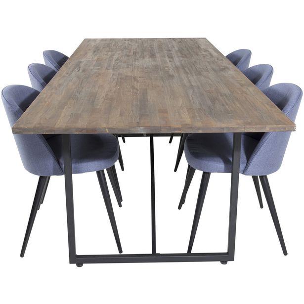 Ruokailuryhmä Venture Home, 250x100cm ruskea Padang-pöytä + 6 sinistä Velvet-tuolia