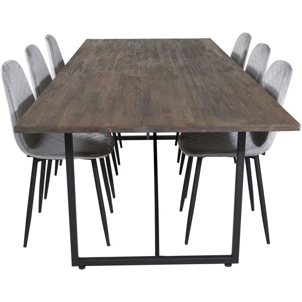 Ruokailuryhmä Venture Home, 250x100cm ruskea Padang-pöytä + 6 harmaata Polar-tuolia, sametti