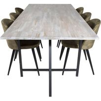Ruokailuryhmä Venture Home, 250x100cm Jepara-pöytä + 6 vihreää Velvet-tuolia, sametti