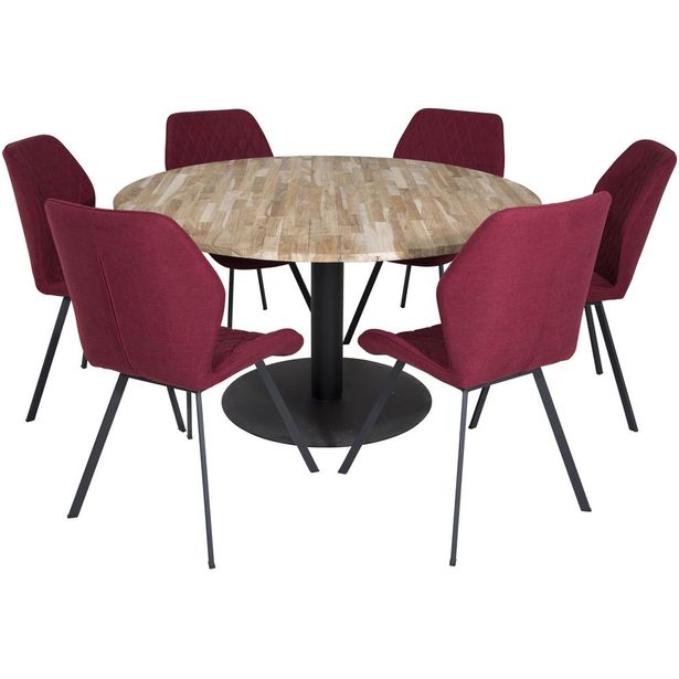Ruokailuryhmä Venture Home, ⌀140cm ruskea Cirebon-pöytä + 6 punaista Gemma-tuolia
