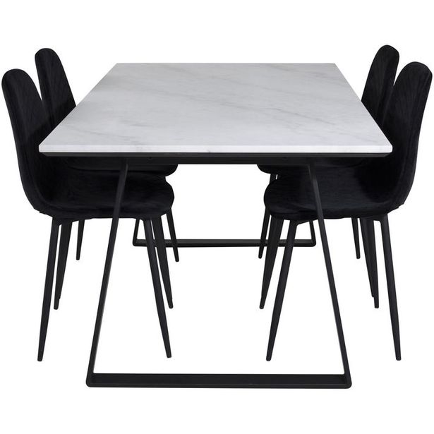 Ruokailuryhmä Venture Home, 140x90cm valkoinen Estelle-pöytä + 4 mustaa Polar Diamond -tuolia, sametti