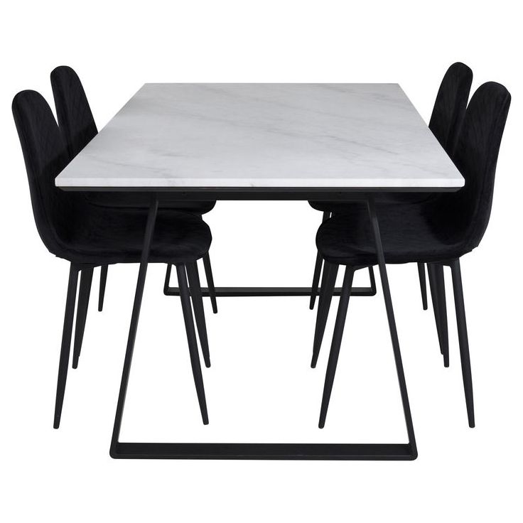 Ruokailuryhmä Venture Home, 140x90cm valkoinen Estelle-pöytä + 4 mustaa Polar Diamond -tuolia, sametti