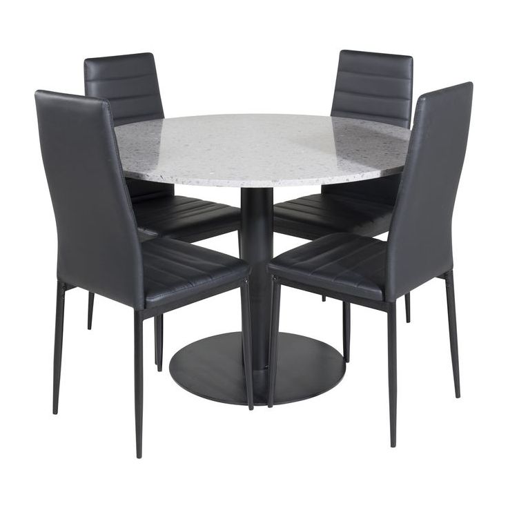Ruokailuryhmä Venture Home, ⌀106cm harmaa Razzia-pöytä + 4 mustaa Slim High -tuolia, keinonahka