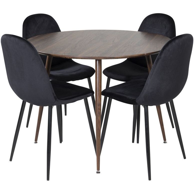 Ruokailuryhmä Venture Home, ⌀100cm ruskea Plaza-pöytä + 4 mustaa Polar Velvet -tuolia