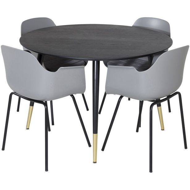 Ruokailuryhmä Venture Home, ⌀115cm musta Dipp-ruokapöytä + 4 harmaata Comfort-tuolia