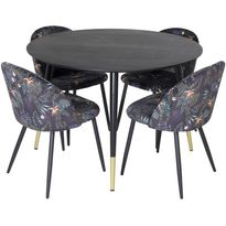 Ruokailuryhmä Venture Home, ⌀115cm musta Dipp-ruokapöytä + 4 kukkakuvioitua Velvet-tuolia