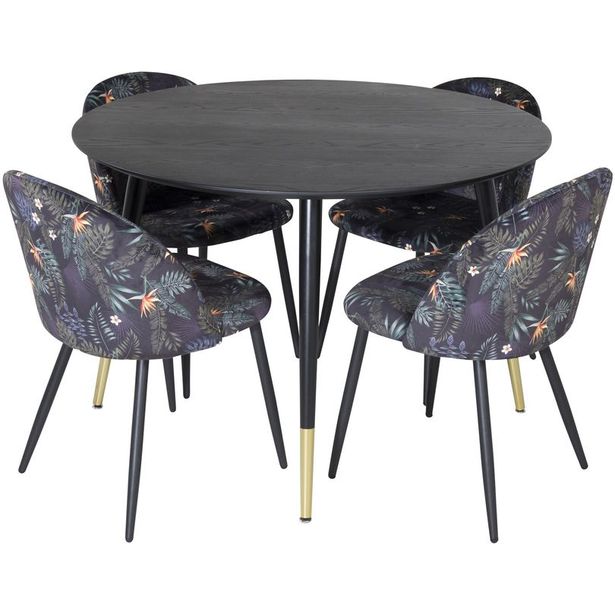 Ruokailuryhmä Venture Home, ⌀115cm musta Dipp-ruokapöytä + 4 kukkakuvioitua Velvet-tuolia