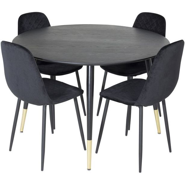Ruokailuryhmä Venture Home, ⌀115cm musta Dipp-ruokapöytä + 4 Polar Diamond Velvet-tuolia