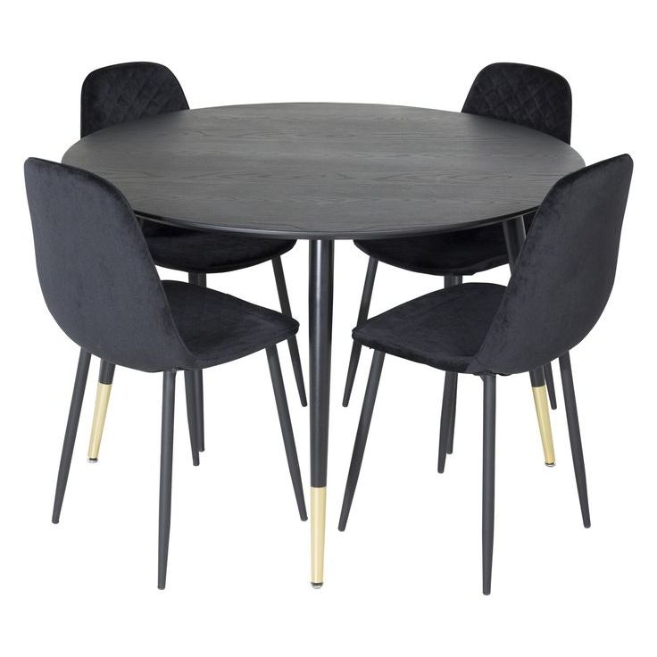 Ruokailuryhmä Venture Home, ⌀115cm musta Dipp-ruokapöytä + 4 Polar Diamond Velvet-tuolia