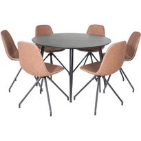 Ruokailuryhmä Venture Home, ⌀115cm musta Dipp-pöytä + 6 ruskeaa Polar-tuolia pyörimisominaisuudella