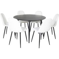 Ruokailuryhmä Venture Home, ⌀115cm musta Dipp-pöytä + 6 valkoista Polar Fluff -tuolia