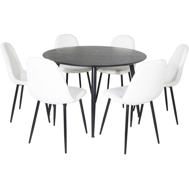 Ruokailuryhmä Venture Home, ⌀115cm musta Dipp-pöytä + 6 valkoista Polar Fluff -tuolia