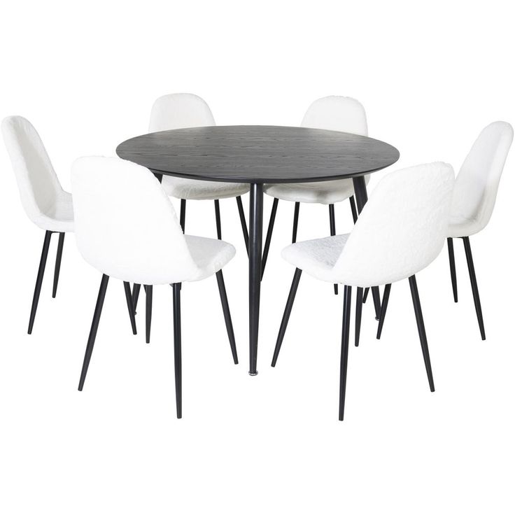 Ruokailuryhmä Venture Home, ⌀115cm musta Dipp-pöytä + 6 valkoista Polar Fluff -tuolia