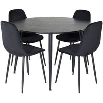 Ruokailuryhmä Venture Home, ⌀115cm musta Dipp-pöytä + 4 mustaa Polar Diamond -tuolia, sametti