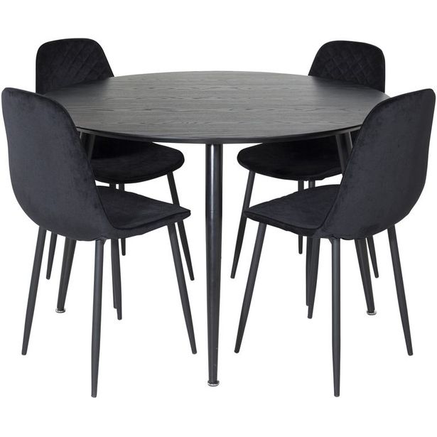 Ruokailuryhmä Venture Home, ⌀115cm musta Dipp-pöytä + 4 mustaa Polar Diamond -tuolia, sametti