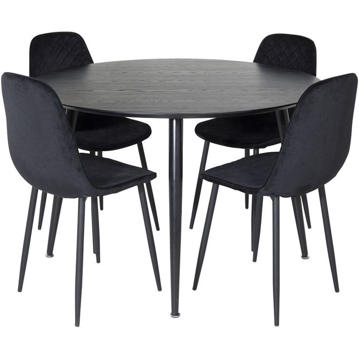 Ruokailuryhmä Venture Home, ⌀115cm musta Dipp-pöytä + 4 mustaa Polar Diamond -tuolia, sametti