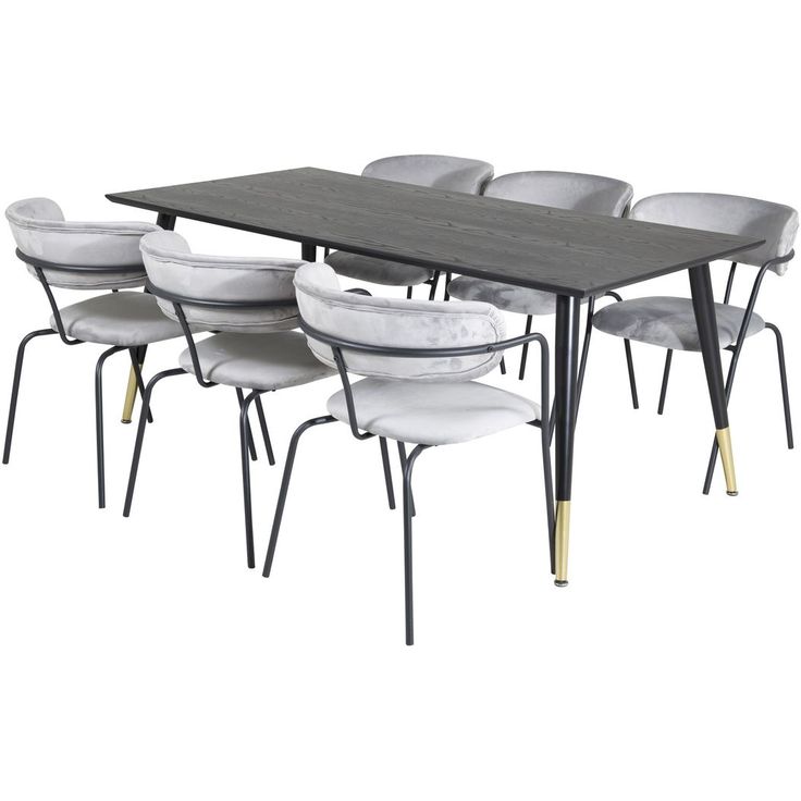 Ruokailuryhmä Venture Home, 180x90cm musta/messinki Dipp-pöytä + 6 harmaata Arrow-tuolia, sametti