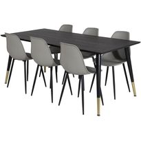 Ruokailuryhmä Venture Home, 180x90cm musta/messinki Dipp-pöytä + 6 harmaata Polar Plastic -tuolia