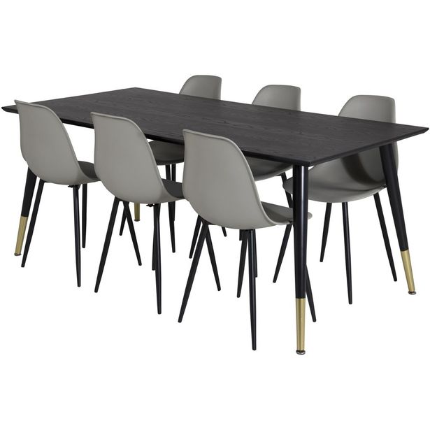 Ruokailuryhmä Venture Home, 180x90cm musta/messinki Dipp-pöytä + 6 harmaata Polar Plastic -tuolia