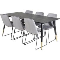 Ruokailuryhmä Venture Home, 180x90cm musta/messinki Dipp-pöytä + 6 harmaata Muce-tuolia