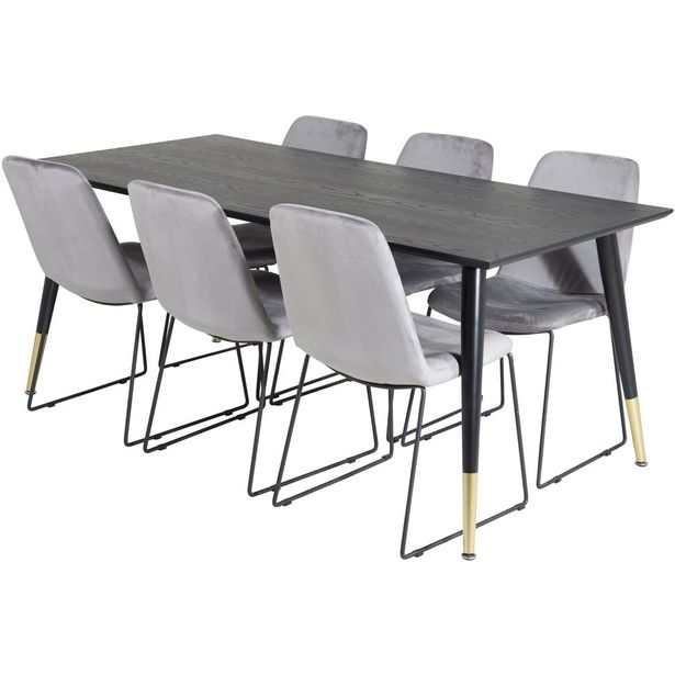 Ruokailuryhmä Venture Home, 180x90cm musta/messinki Dipp-pöytä + 6 harmaata Muce-tuolia