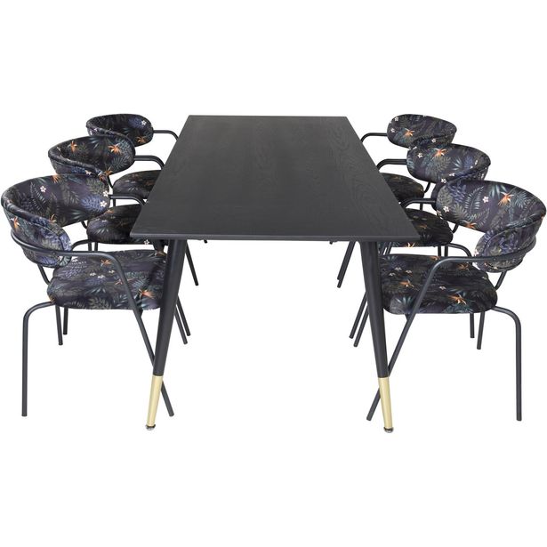 Ruokailuryhmä Venture Home, 180x90cm musta Dipp-pöytä + 6 mustaa Arrow-tuolia, sametti
