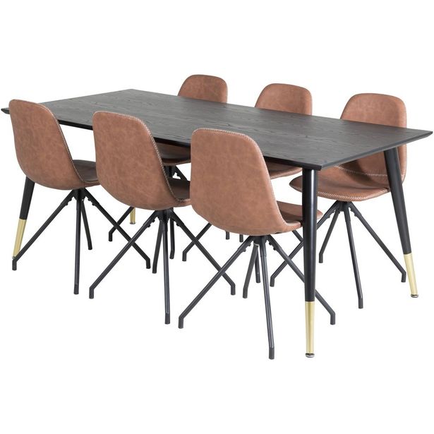 Ruokailuryhmä Venture Home, 180x90cm Dipp-pöytä + 6 ruskeaa Polar-tuolia, pyörimisominaisuus