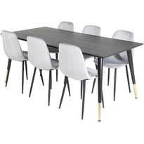 Ruokailuryhmä Venture Home, 180x90cm Dipp-pöytä + 6 harmaata Polar Diamond -tuolia, sametti