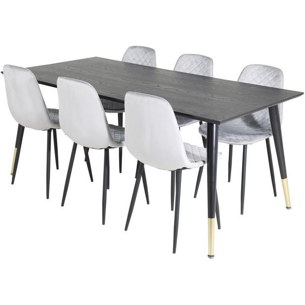 Ruokailuryhmä Venture Home, 180x90cm Dipp-pöytä + 6 harmaata Polar Diamond -tuolia, sametti