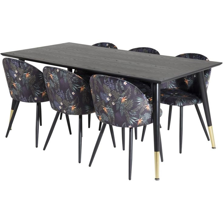 Ruokailuryhmä Venture Home, 180x90cm Dipp-pöytä + 6 mustaa Velvet-tuolia, kukkakuosi